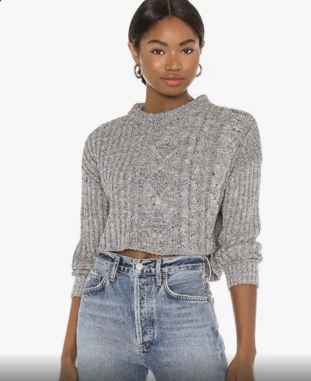 Free People Sweater Womens On Your Side Gray Cable Knit Oversized Sweater